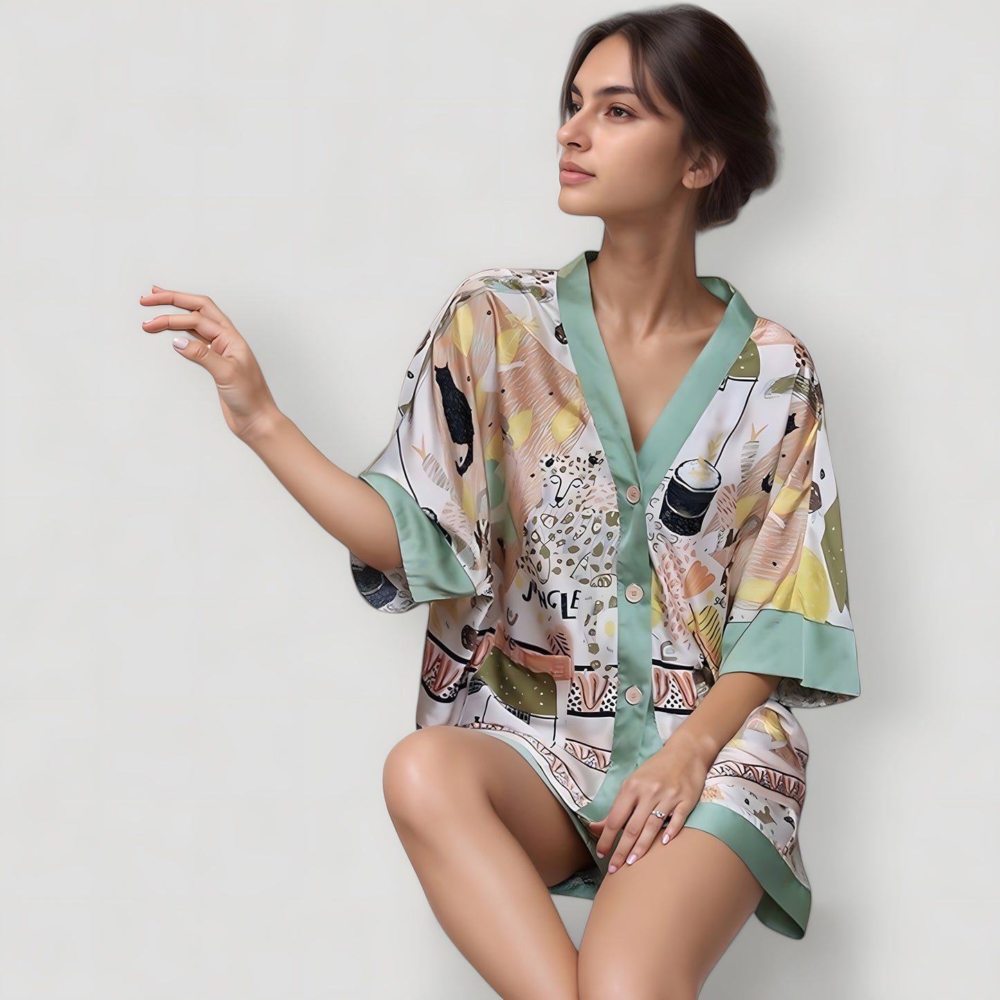 Anna-Kaci Lounge Women's Animal Print Pajama Set with Short Sleeves Button-Up Top and Contrast Trim Shorts