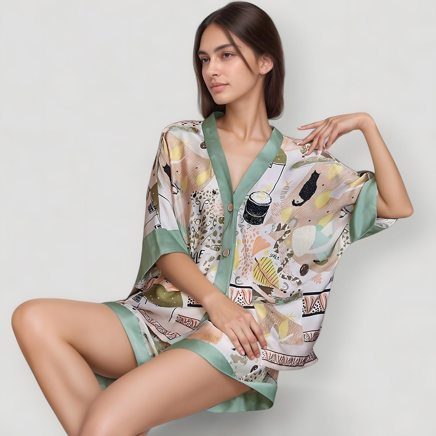 Anna-Kaci Lounge Women's Animal Print Pajama Set with Short Sleeves Button-Up Top and Contrast Trim Shorts