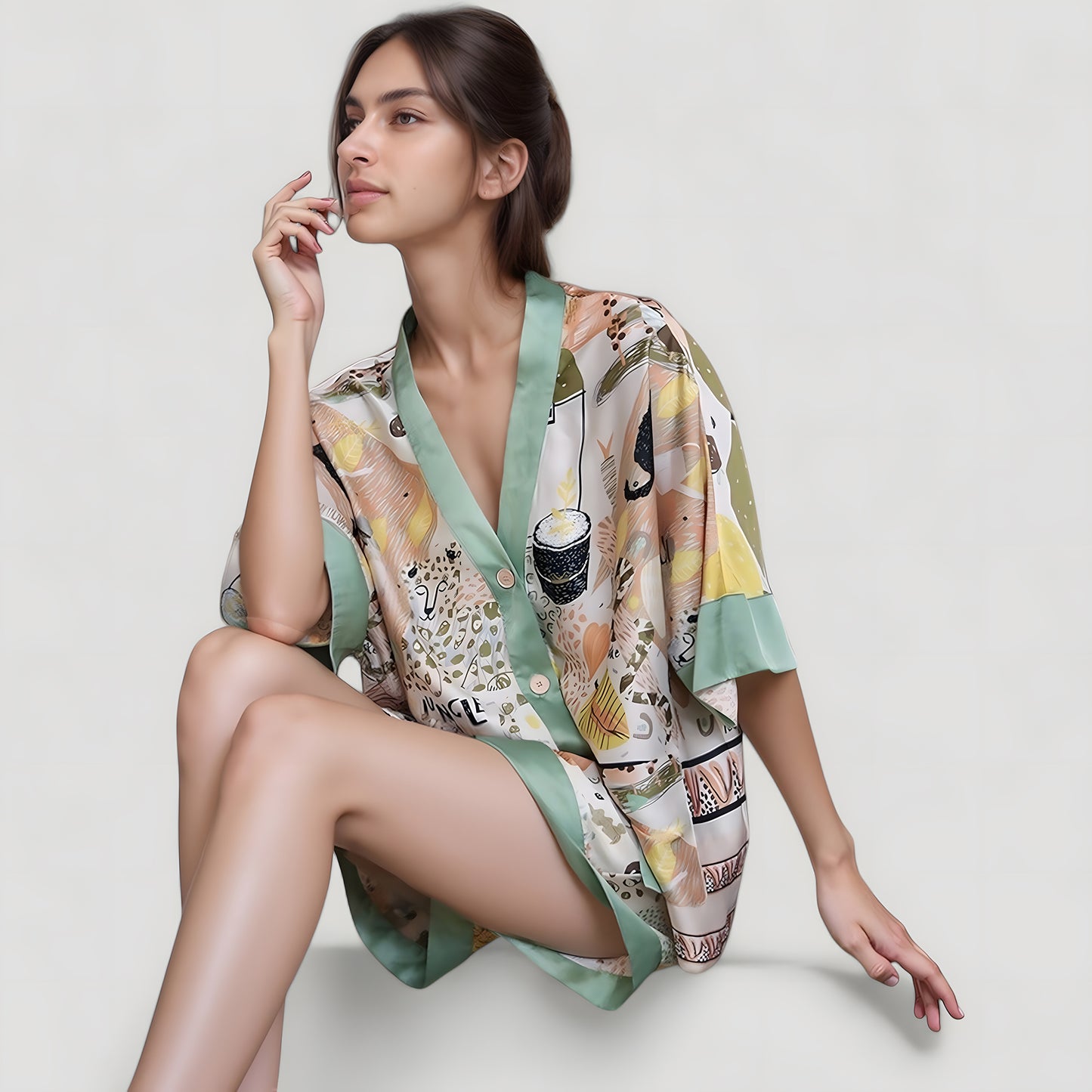 Anna-Kaci Lounge Women's Animal Print Pajama Set with Short Sleeves Button-Up Top and Contrast Trim Shorts