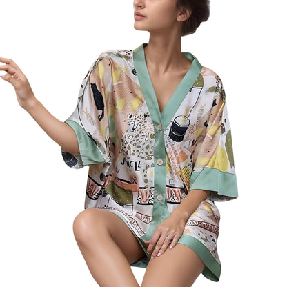 Anna-Kaci Lounge Women's Animal Print Pajama Set with Short Sleeves Button-Up Top and Contrast Trim Shorts