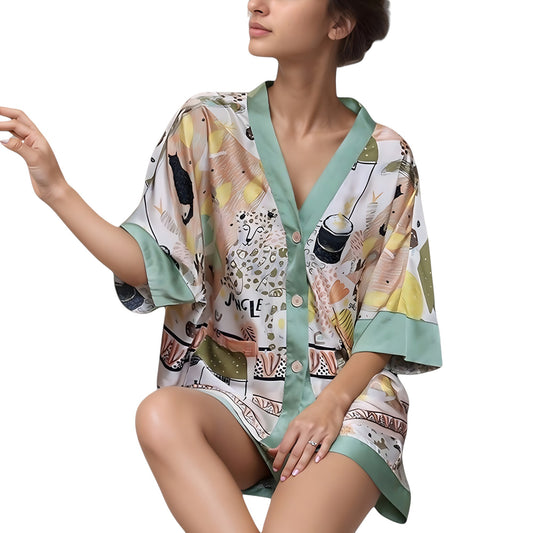 Anna-Kaci Lounge Women's Animal Print Pajama Set with Short Sleeves Button-Up Top and Contrast Trim Shorts