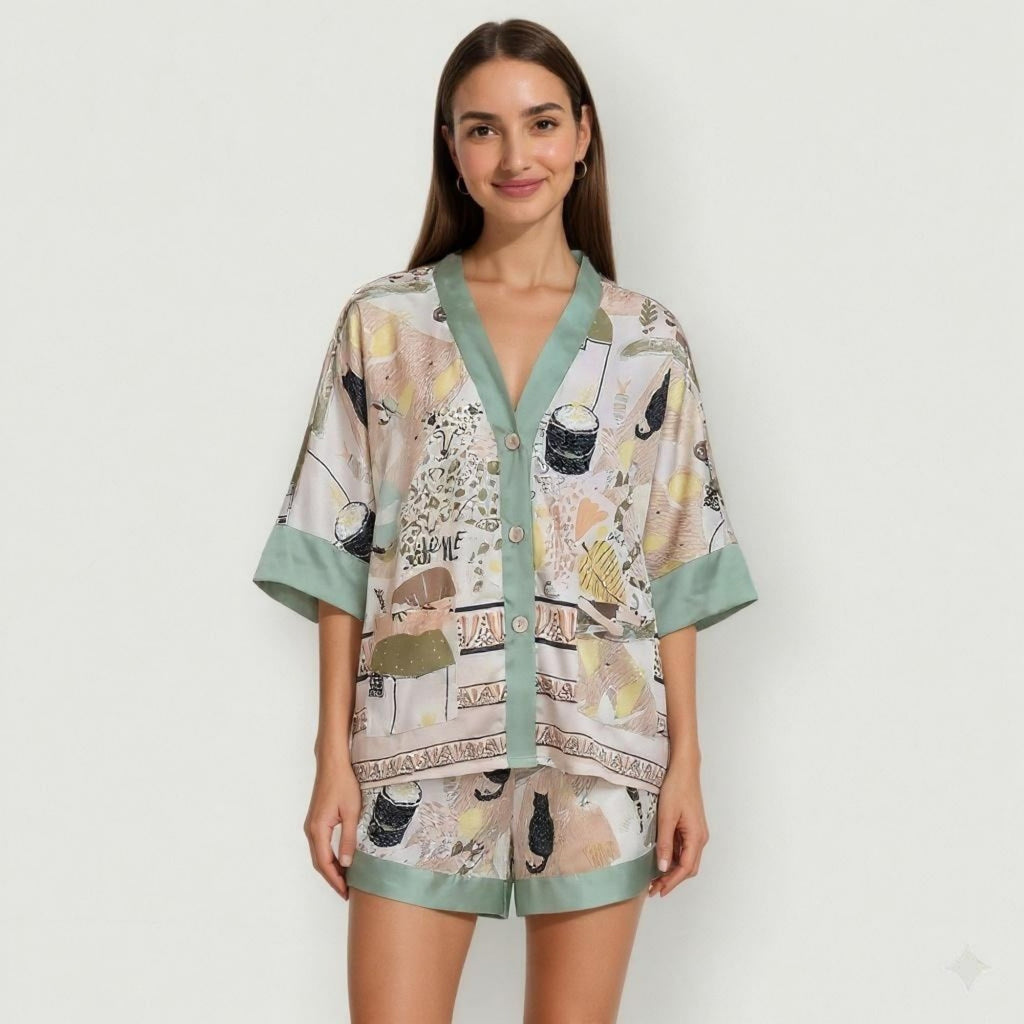 Anna-Kaci Lounge Women's Animal Print Pajama Set with Short Sleeves Button-Up Top and Contrast Trim Shorts
