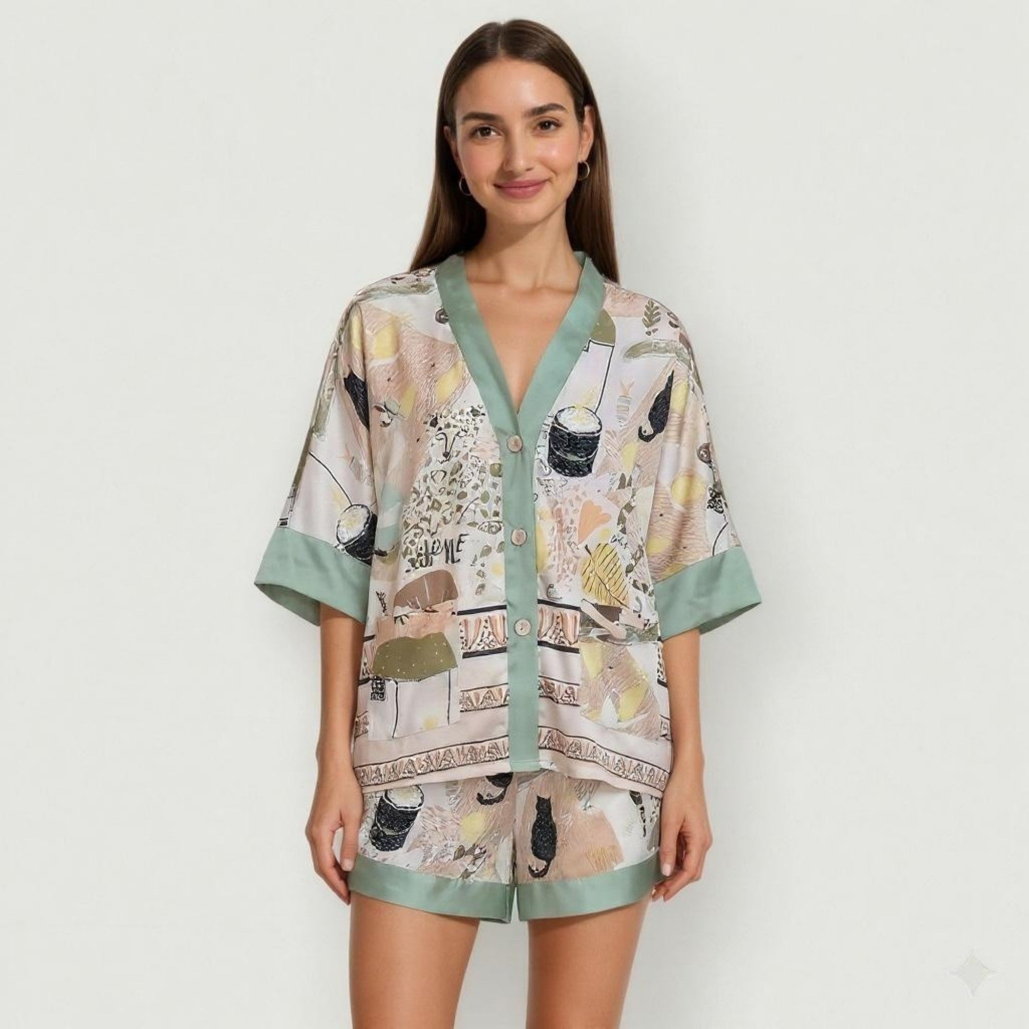 Anna-Kaci Lounge Women's Animal Print Pajama Set with Short Sleeves Button-Up Top and Contrast Trim Shorts