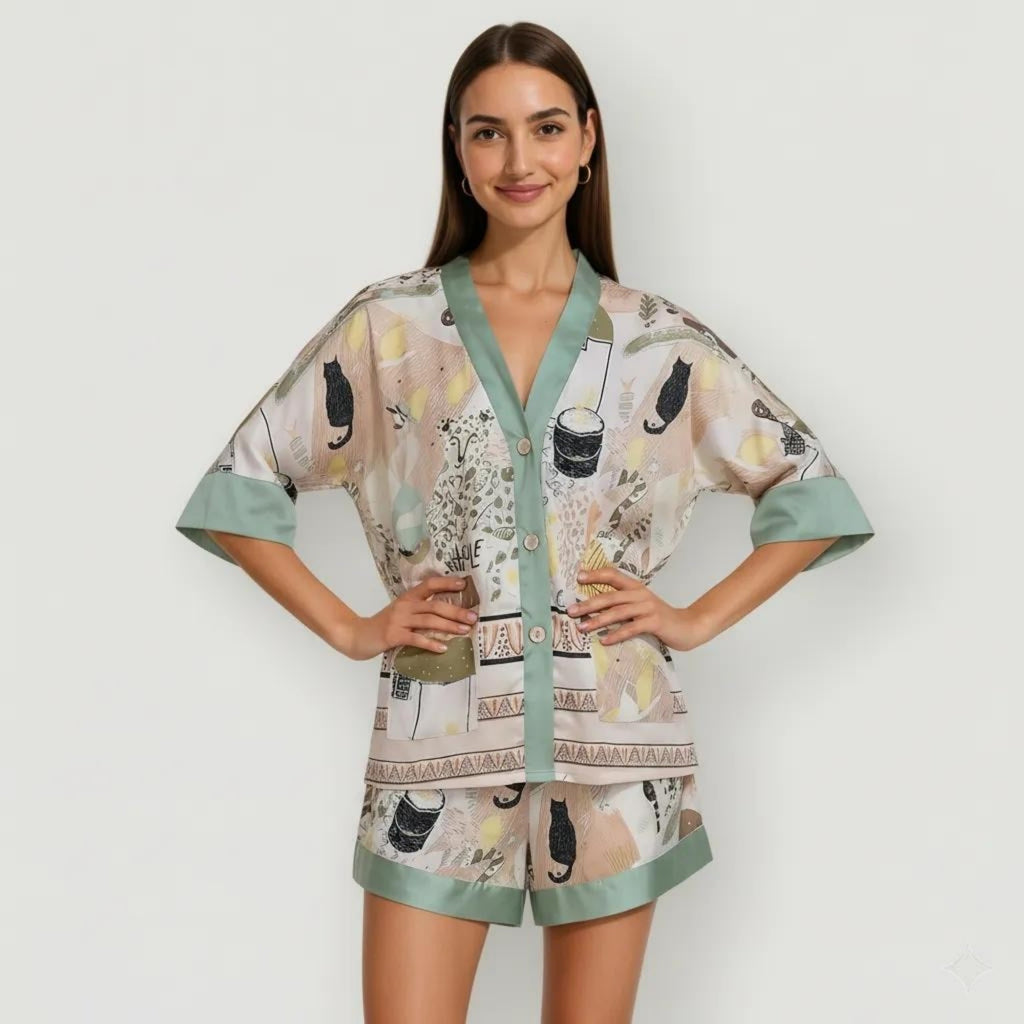 Anna-Kaci Lounge Women's Animal Print Pajama Set with Short Sleeves Button-Up Top and Contrast Trim Shorts