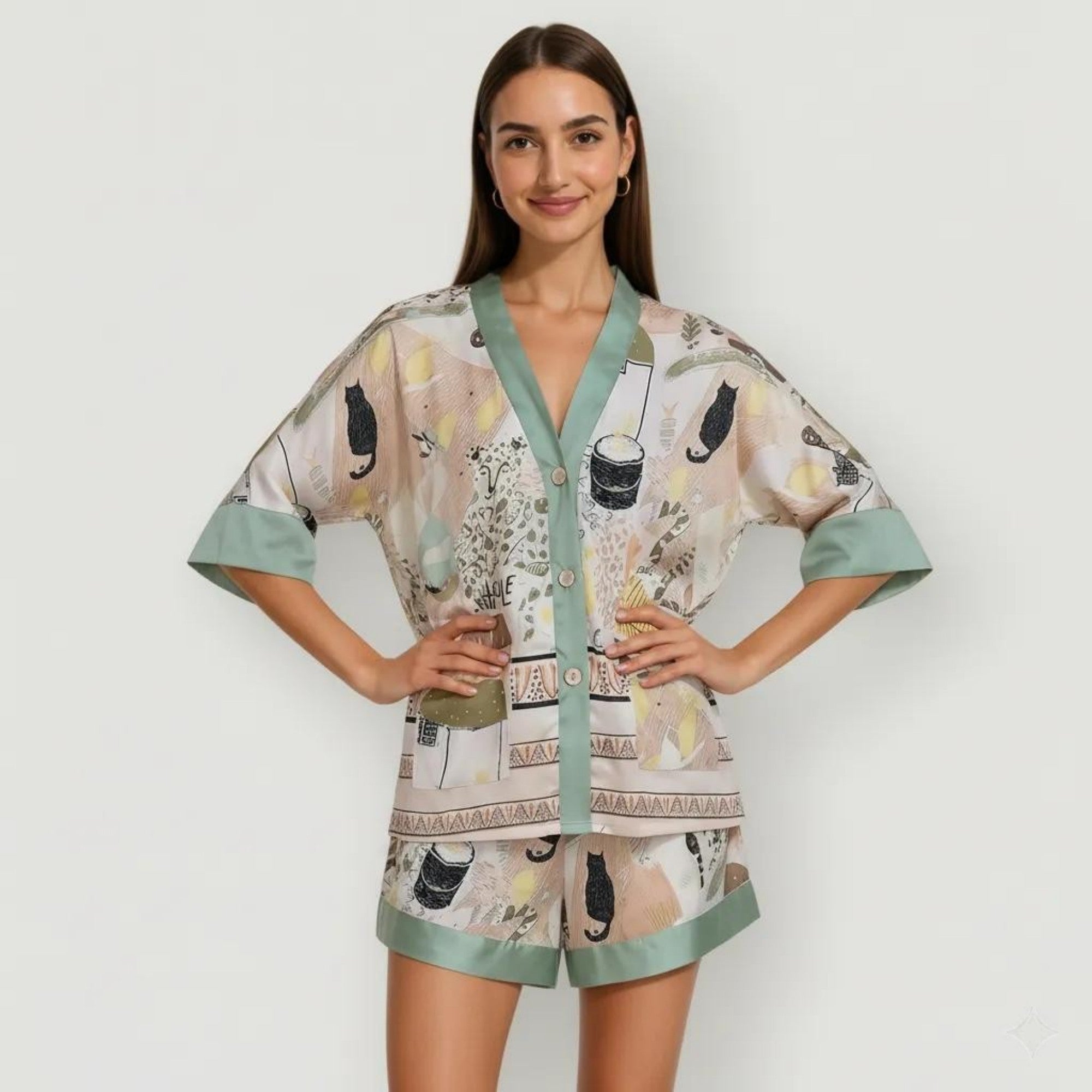 Anna-Kaci Lounge Women's Animal Print Pajama Set with Short Sleeves Button-Up Top and Contrast Trim Shorts