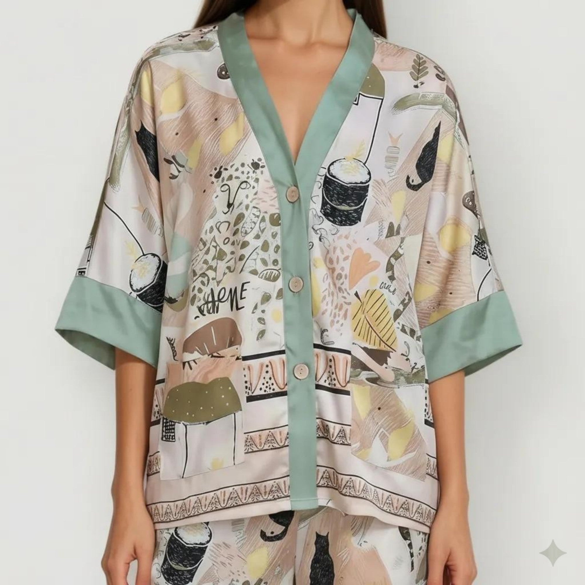 Anna-Kaci Lounge Women's Animal Print Pajama Set with Short Sleeves Button-Up Top and Contrast Trim Shorts