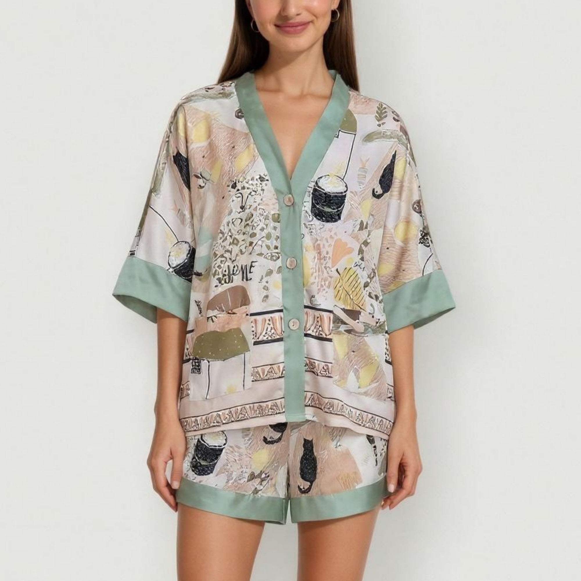 Anna-Kaci Lounge Women's Animal Print Pajama Set with Short Sleeves Button-Up Top and Contrast Trim Shorts