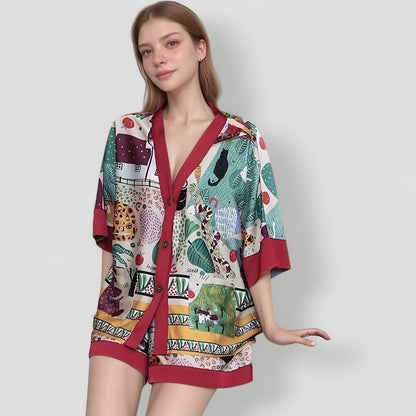 Anna-Kaci Lounge Women's Animal Print Pajama Set with Short Sleeves Button-Up Top and Contrast Trim Shorts