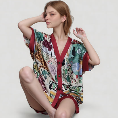 Anna-Kaci Lounge Women's Animal Print Pajama Set with Short Sleeves Button-Up Top and Contrast Trim Shorts