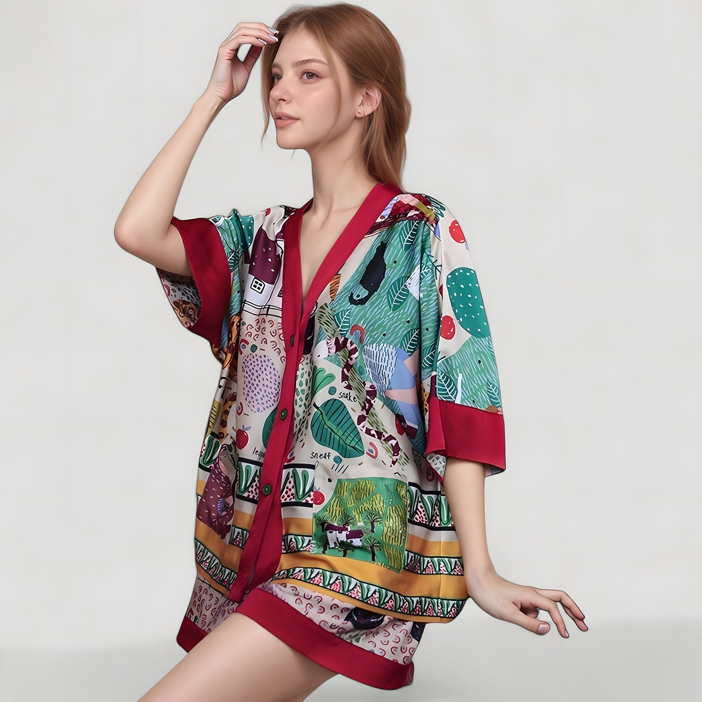 Anna-Kaci Lounge Women's Animal Print Pajama Set with Short Sleeves Button-Up Top and Contrast Trim Shorts