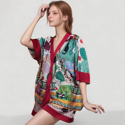 Anna-Kaci Lounge Women's Animal Print Pajama Set with Short Sleeves Button-Up Top and Contrast Trim Shorts