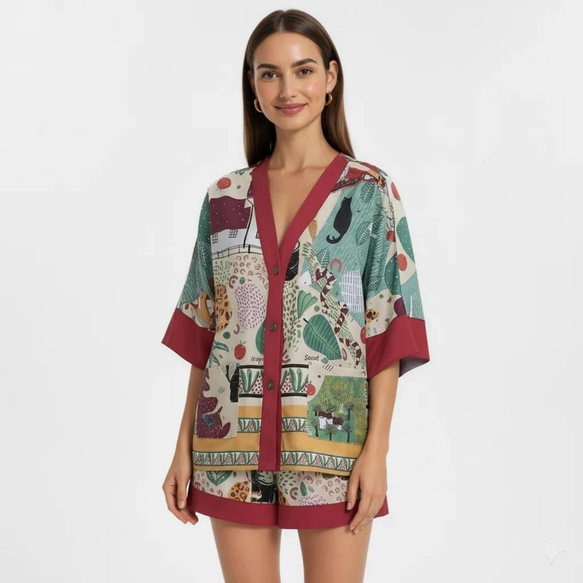 Anna-Kaci Lounge Women's Animal Print Pajama Set with Short Sleeves Button-Up Top and Contrast Trim Shorts
