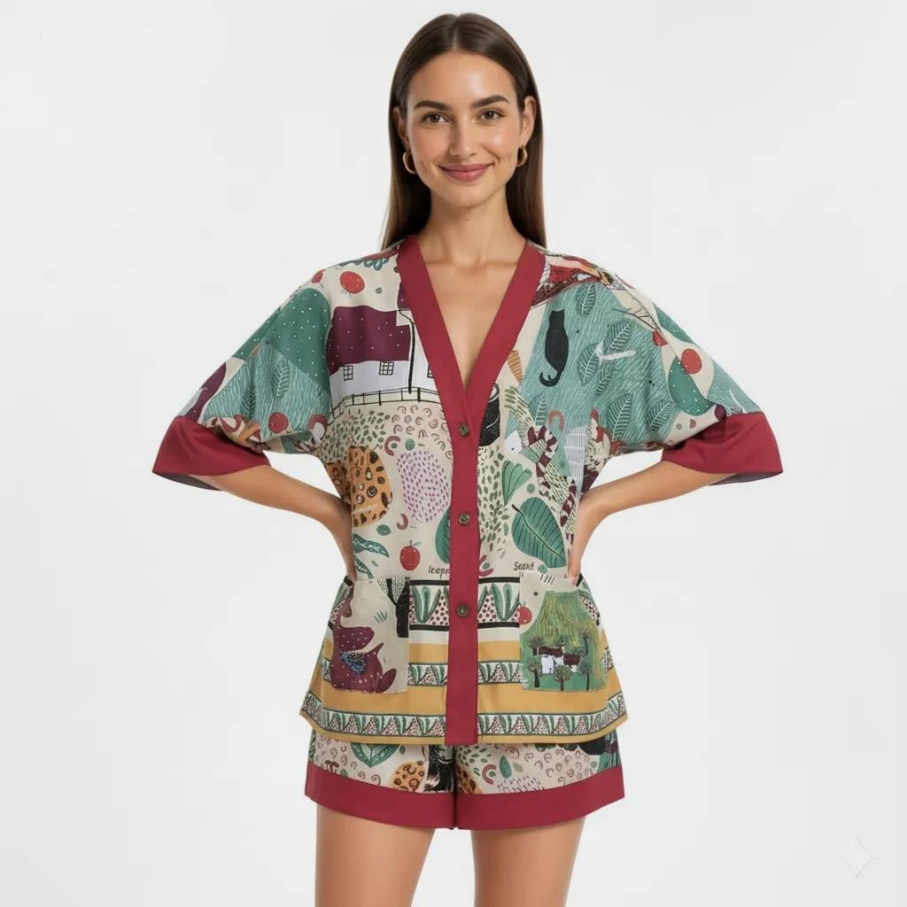 Anna-Kaci Lounge Women's Animal Print Pajama Set with Short Sleeves Button-Up Top and Contrast Trim Shorts