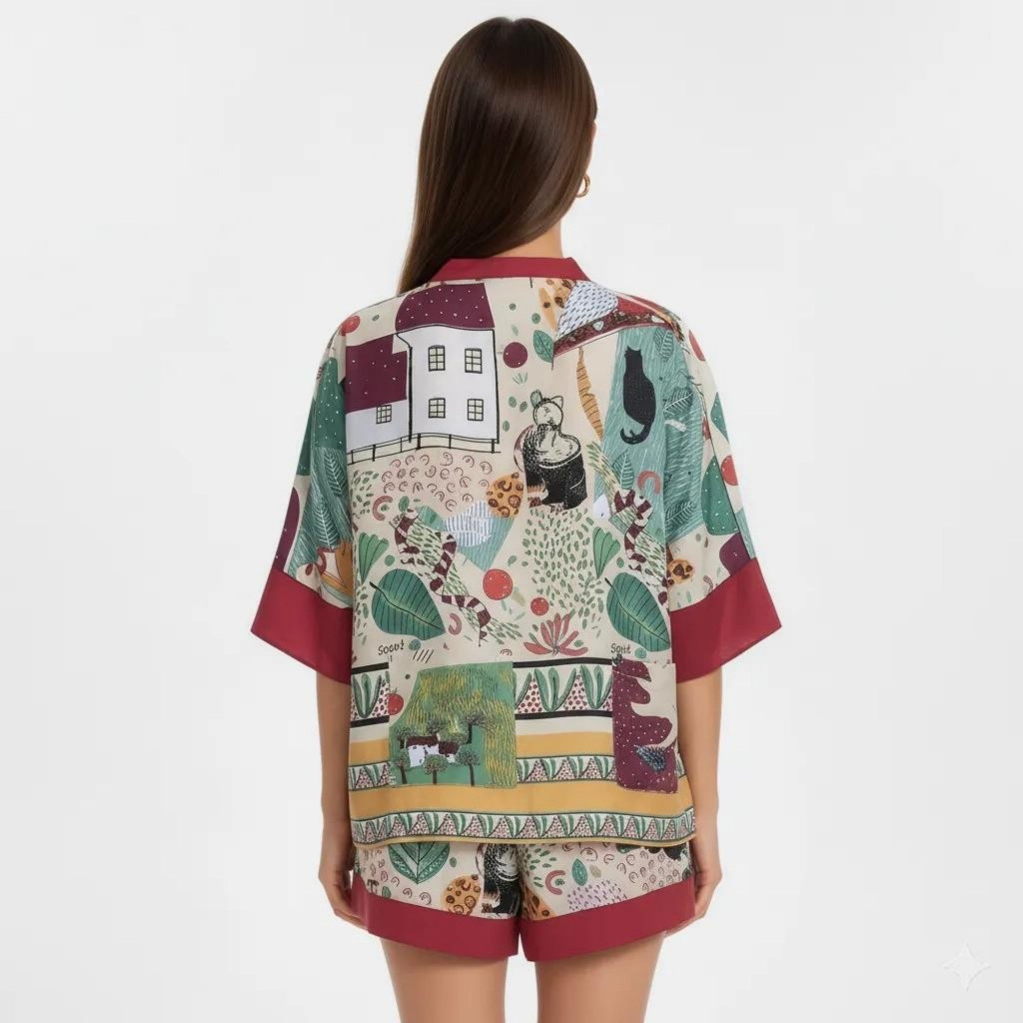 Anna-Kaci Lounge Women's Animal Print Pajama Set with Short Sleeves Button-Up Top and Contrast Trim Shorts