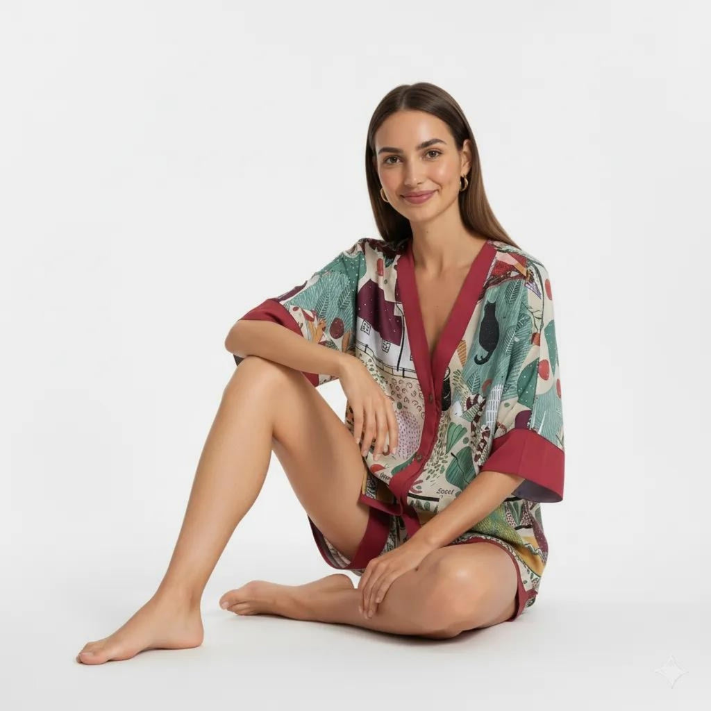 Anna-Kaci Lounge Women's Animal Print Pajama Set with Short Sleeves Button-Up Top and Contrast Trim Shorts