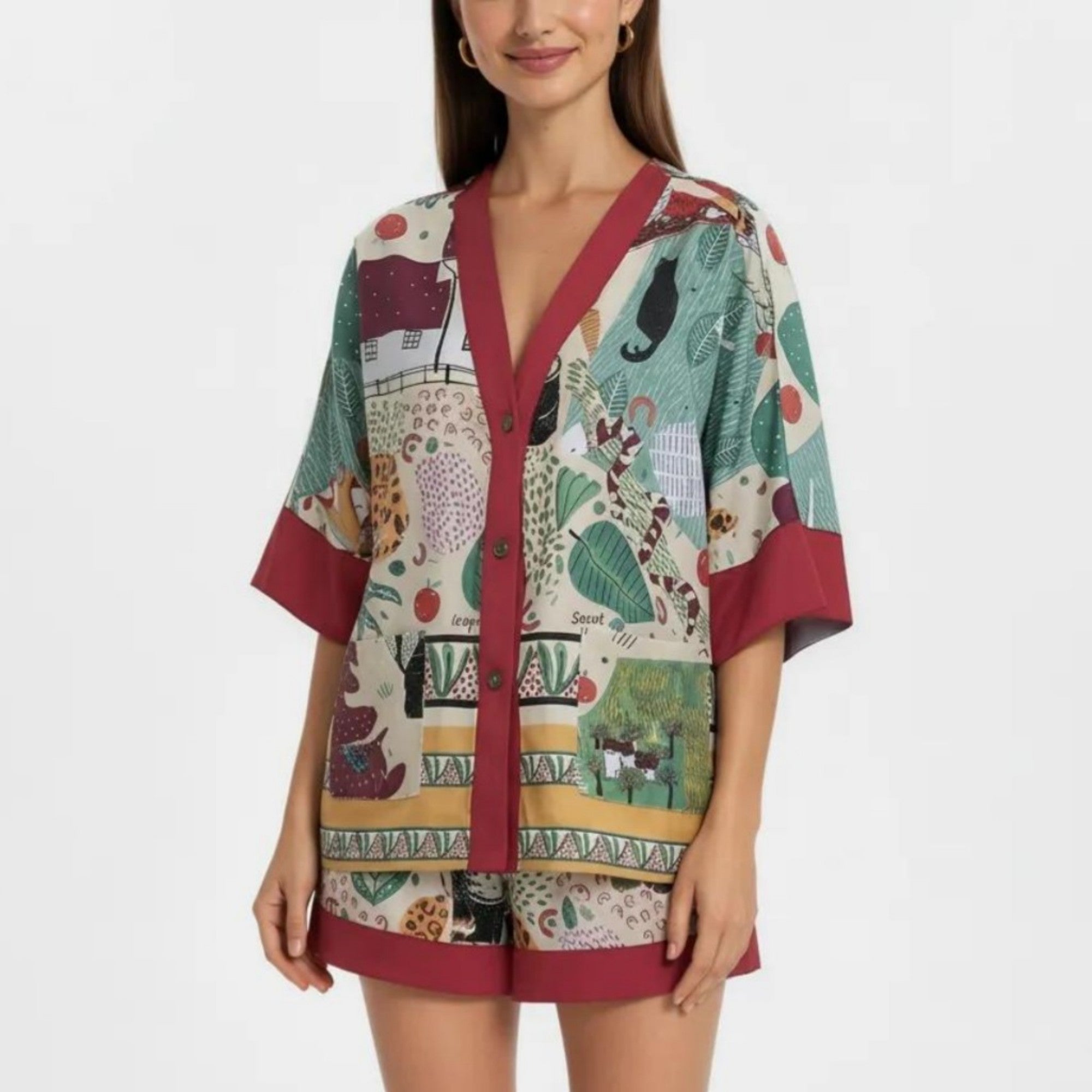 Anna-Kaci Lounge Women's Animal Print Pajama Set with Short Sleeves Button-Up Top and Contrast Trim Shorts