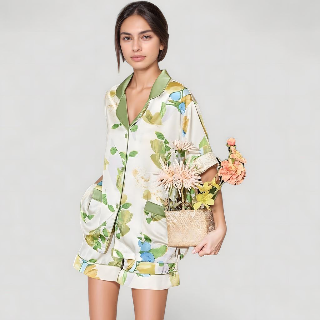 Anna-Kaci Lounge Women's Floral Print Pajama Set with Button-Up Short Sleeve Top and Matching Shorts