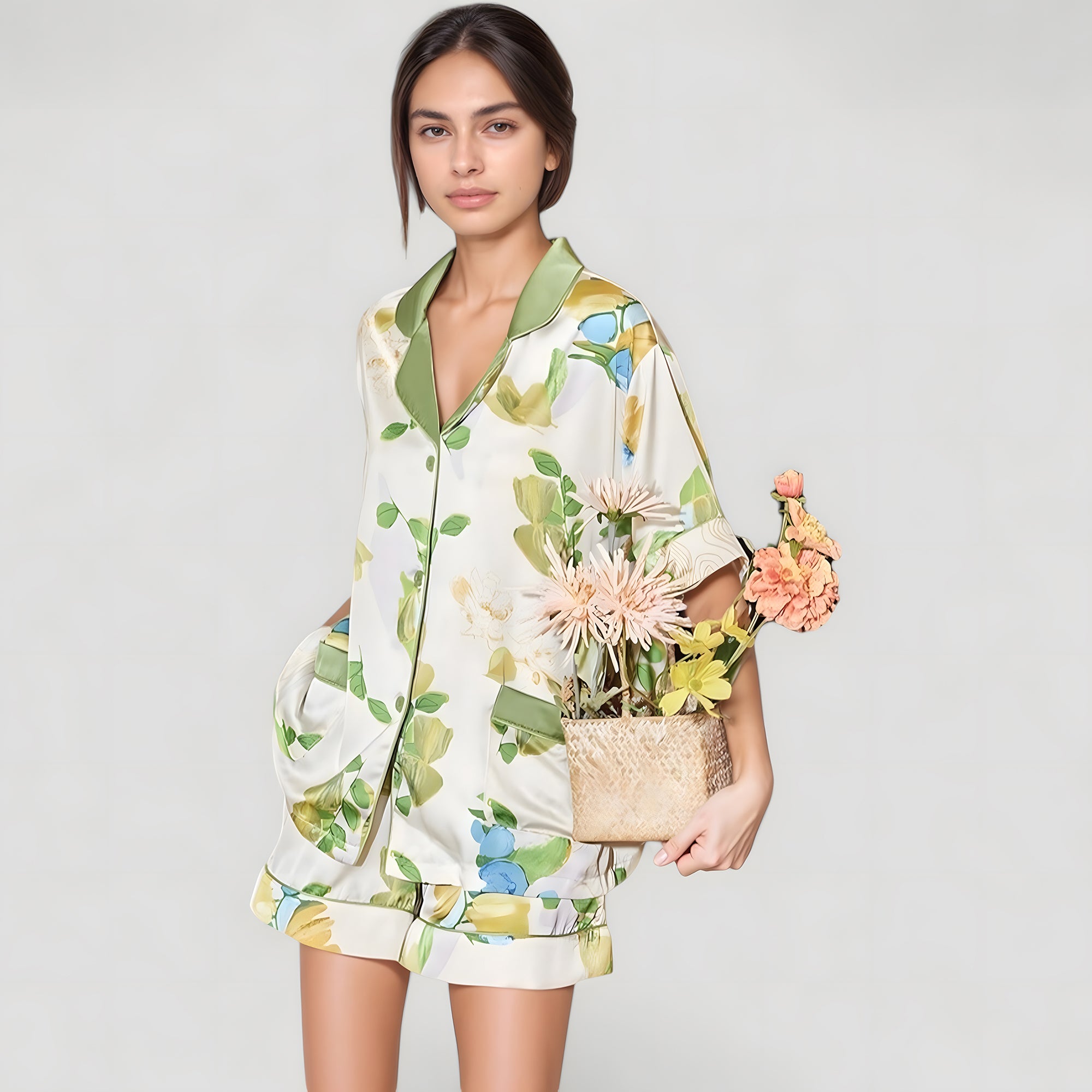 Anna-Kaci Lounge Women's Floral Print Pajama Set with Button-Up Short Sleeve Top and Matching Shorts