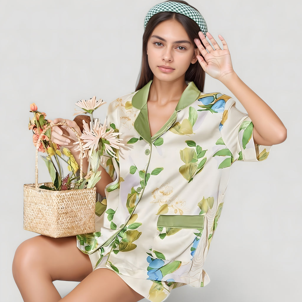 Anna-Kaci Lounge Women's Floral Print Pajama Set with Button-Up Short Sleeve Top and Matching Shorts