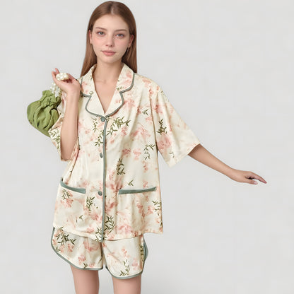 Anna-Kaci Lounge Women's Floral Print Pajama Set with Piping Trim and Button Front Short Sleeve Top