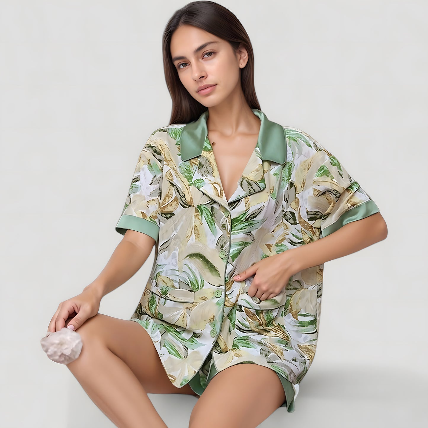 Anna-Kaci Lounge Women's Tropical Banana Leaf Print Pajama Set with Short Sleeves and Button Front Top