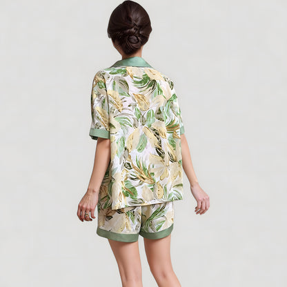 Anna-Kaci Lounge Women's Tropical Banana Leaf Print Pajama Set with Short Sleeves and Button Front Top