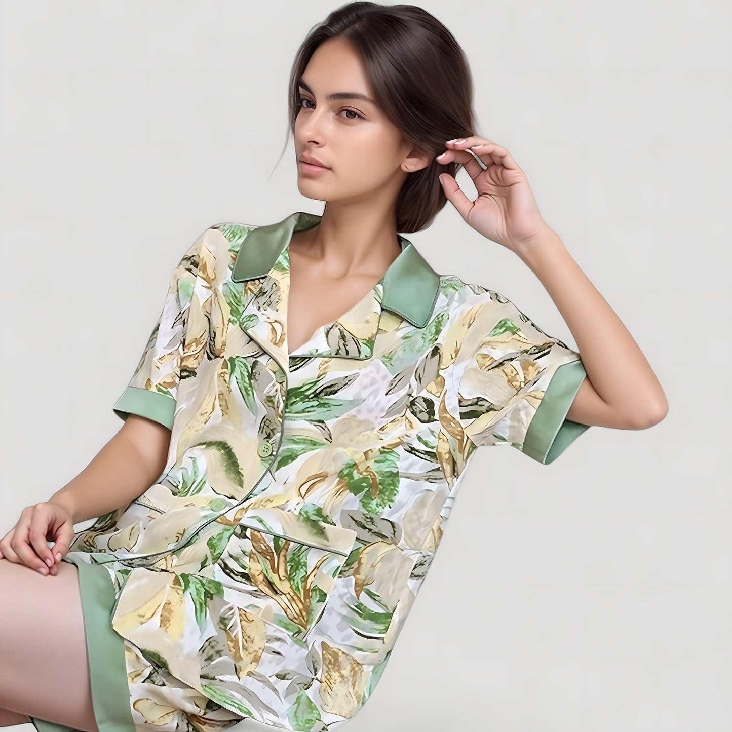 Anna-Kaci Lounge Women's Tropical Banana Leaf Print Pajama Set with Short Sleeves and Button Front Top