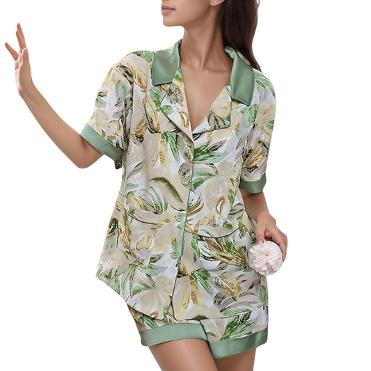 Anna-Kaci Lounge Women's Tropical Banana Leaf Print Pajama Set with Short Sleeves and Button Front Top
