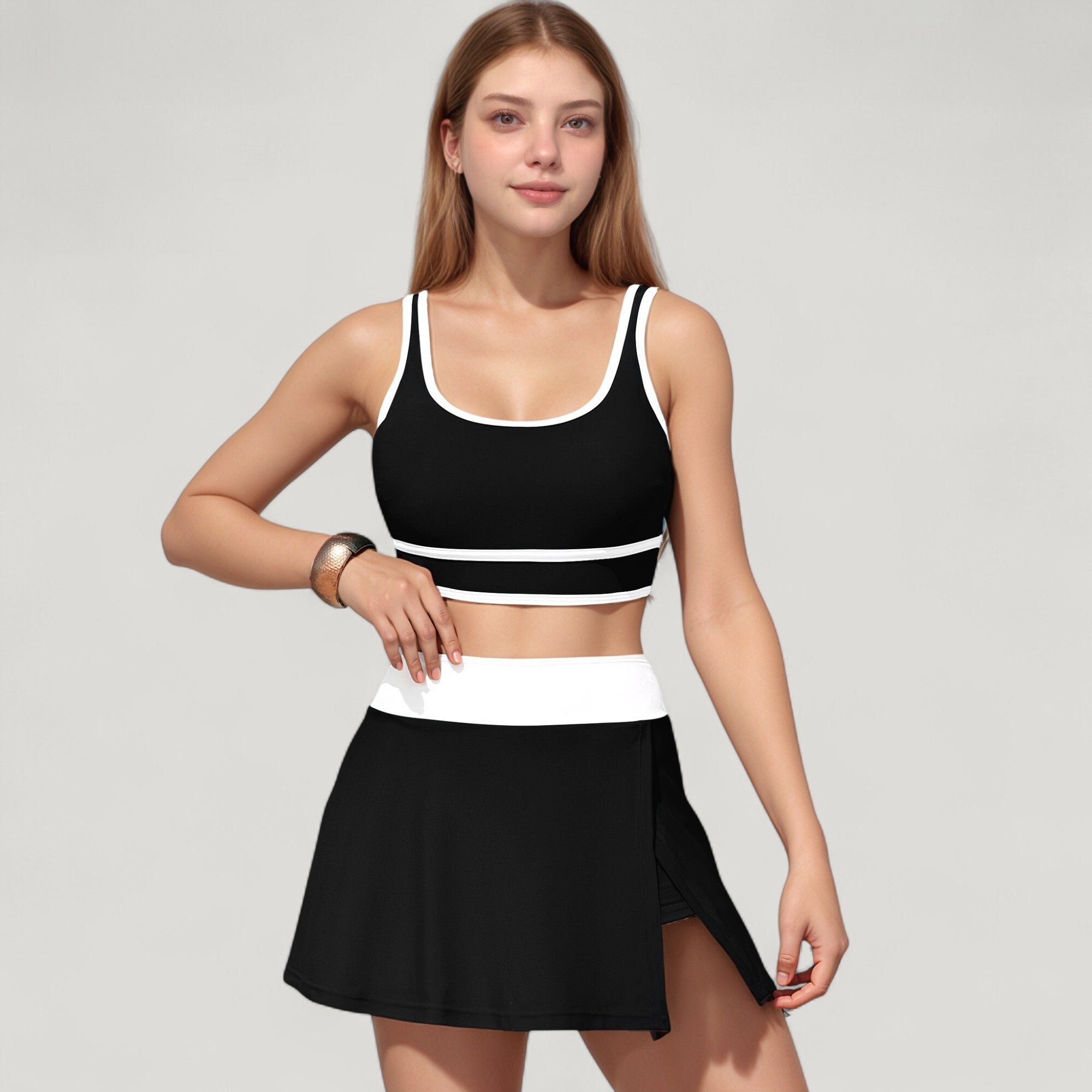 Anna-Kaci Swim Women's Scoop Neck Bikini Top and High Waist Skirted Swim Bottom Set with Contrast Trim Detail