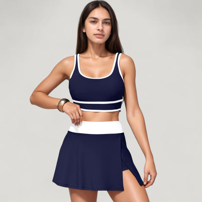 Anna-Kaci Swim Women's Scoop Neck Bikini Top and High Waist Skirted Swim Bottom Set with Contrast Trim Detail