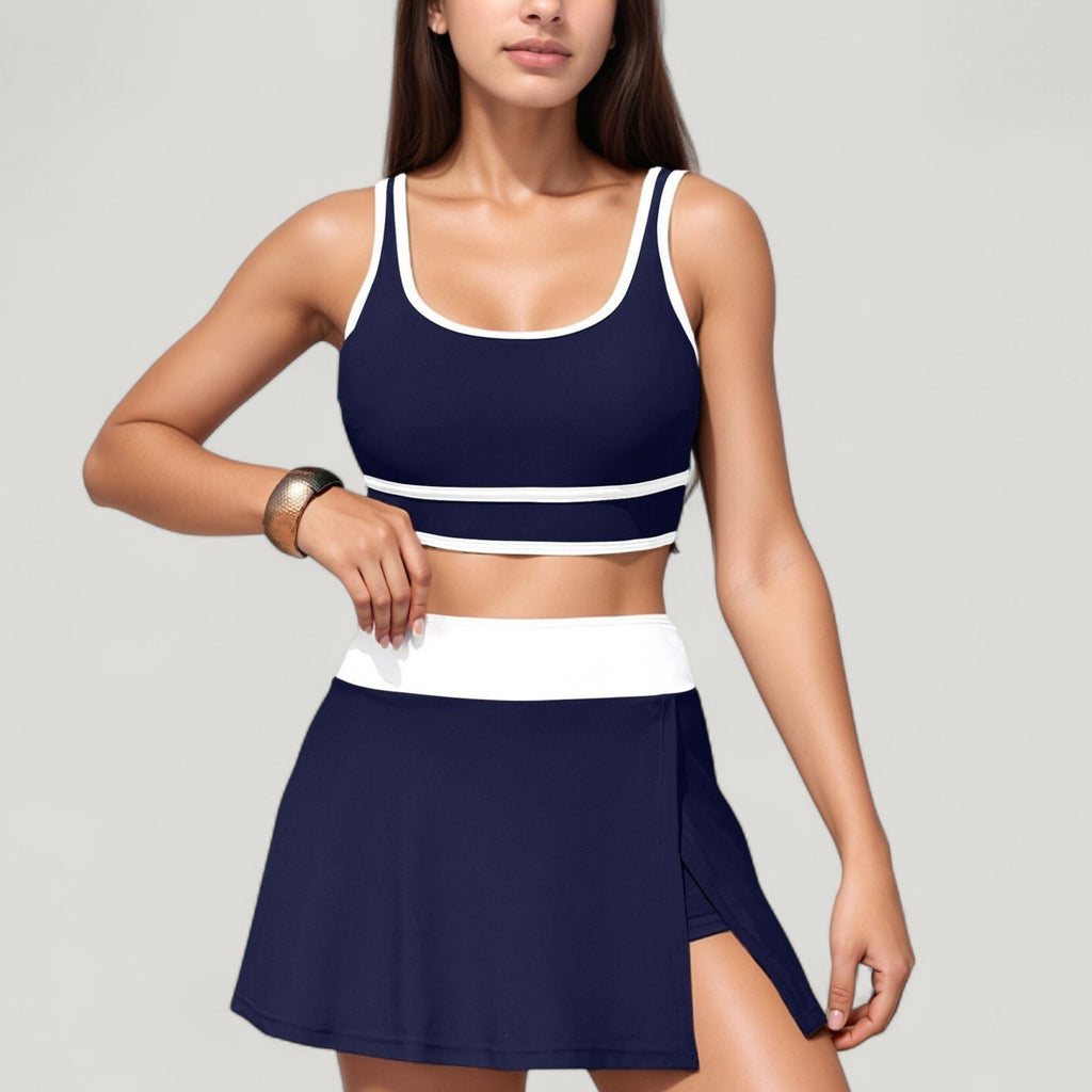 Anna-Kaci Swim Women's Scoop Neck Bikini Top and High Waist Skirted Swim Bottom Set with Contrast Trim Detail