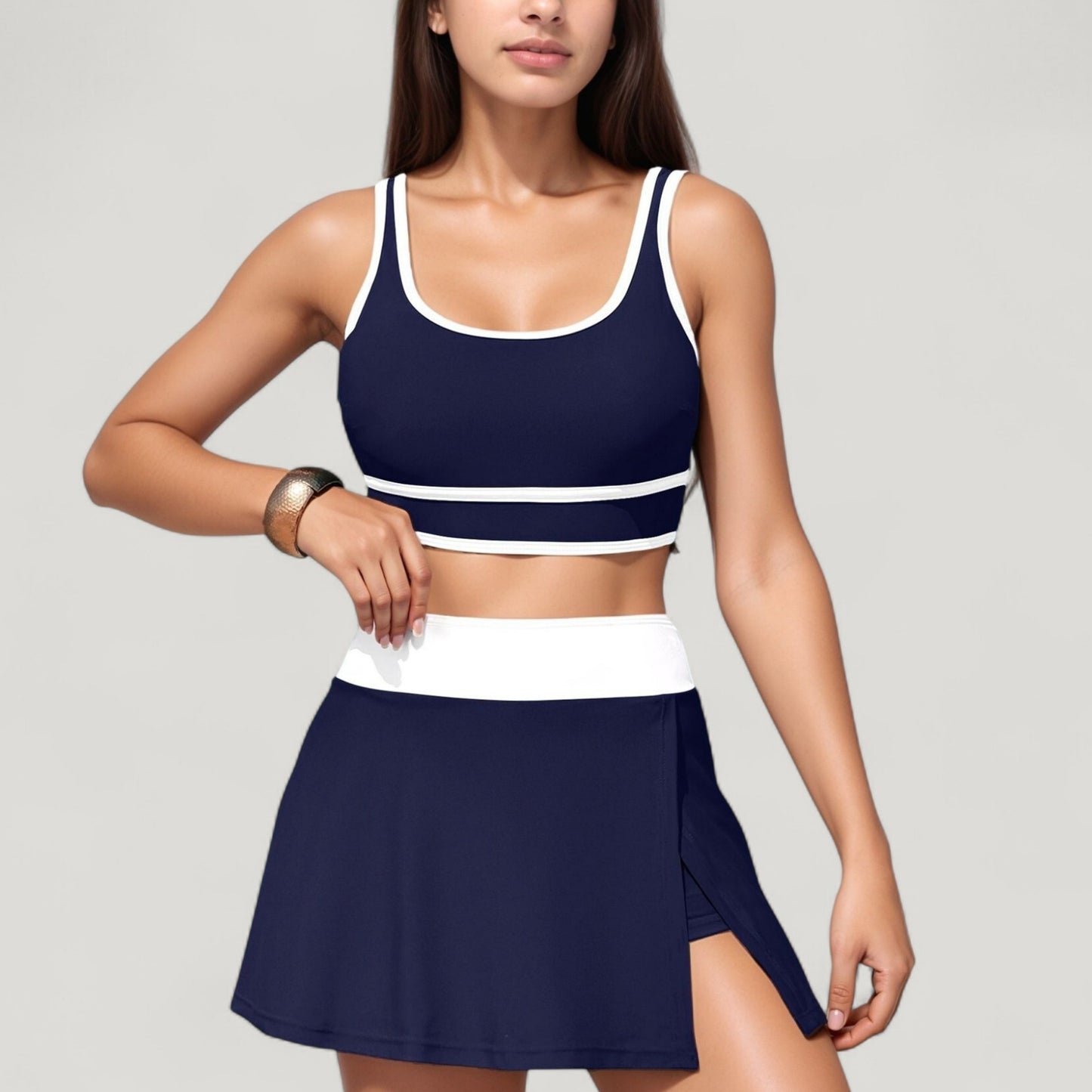 Anna-Kaci Swim Women's Scoop Neck Bikini Top and High Waist Skirted Swim Bottom Set with Contrast Trim Detail