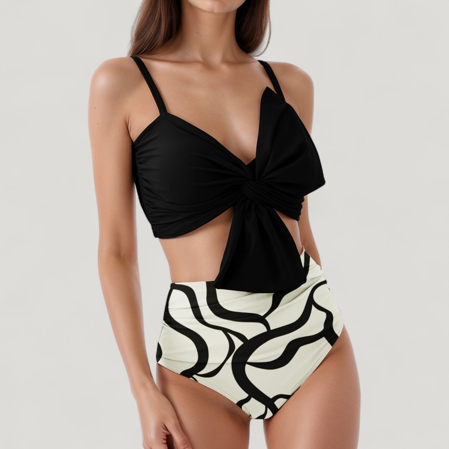 Anna-Kaci Swim Women's Knot Front Bikini Top and High Waist Abstract Print Bottom Two-Piece Swimsuit