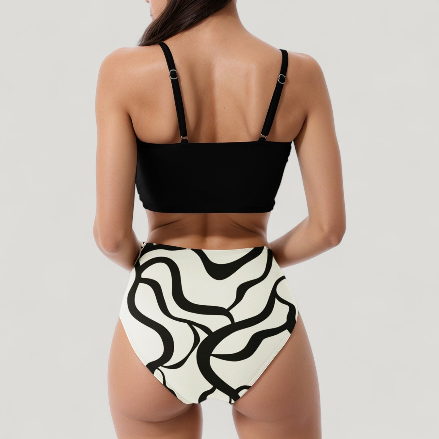Anna-Kaci Swim Women's Knot Front Bikini Top and High Waist Abstract Print Bottom Two-Piece Swimsuit