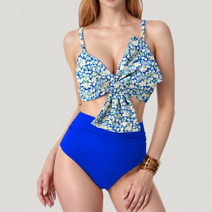 Anna-Kaci Swim Women's Knot Front Bikini Top and High Waist Abstract Print Bottom Two-Piece Swimsuit