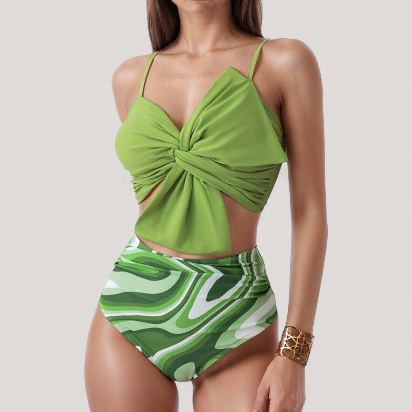 Anna-Kaci Swim Women's Knot Front Bikini Top and High Waist Abstract Print Bottom Two-Piece Swimsuit