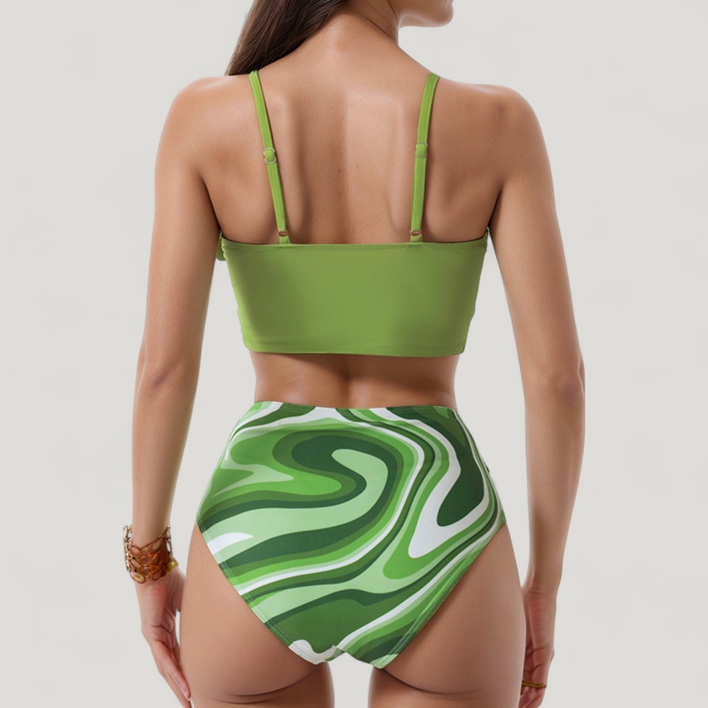 Anna-Kaci Swim Women's Knot Front Bikini Top and High Waist Abstract Print Bottom Two-Piece Swimsuit