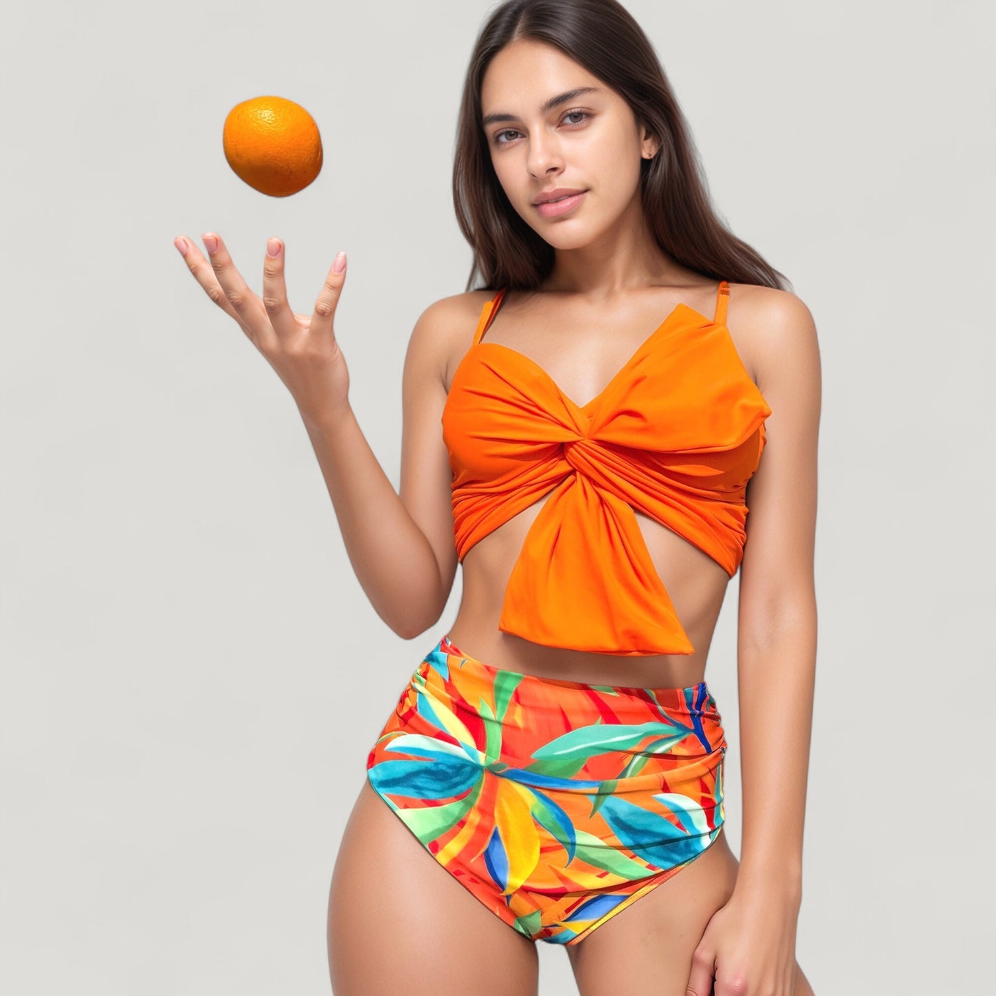 Anna-Kaci Swim Women's Knot Front Bikini Top and High Waist Abstract Print Bottom Two-Piece Swimsuit