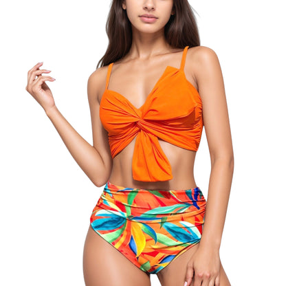 Anna-Kaci Swim Women's Knot Front Bikini Top and High Waist Abstract Print Bottom Two-Piece Swimsuit