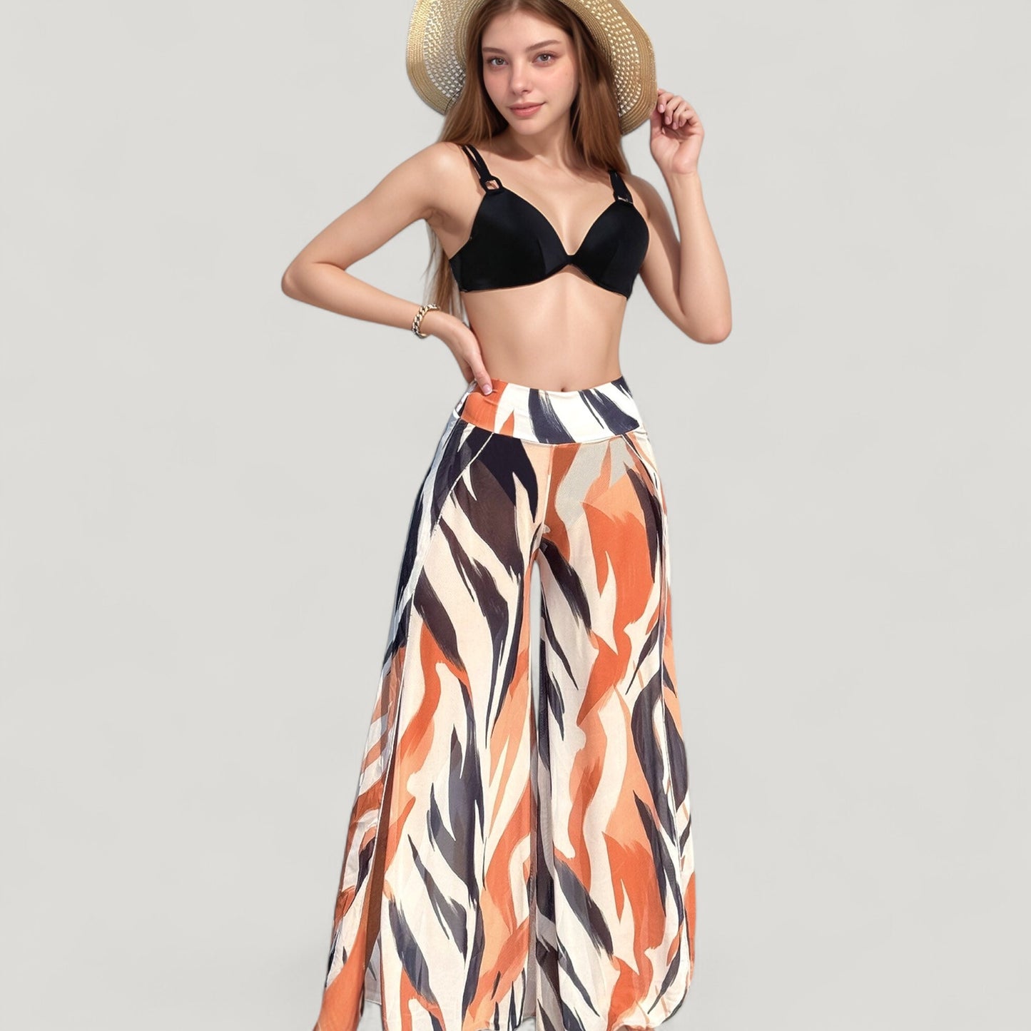 Anna-Kaci Swim Women's Three-Piece Swimsuit Set with Bikini Top High Waist Bottom and Sheer Abstract Print Wide Leg Pants