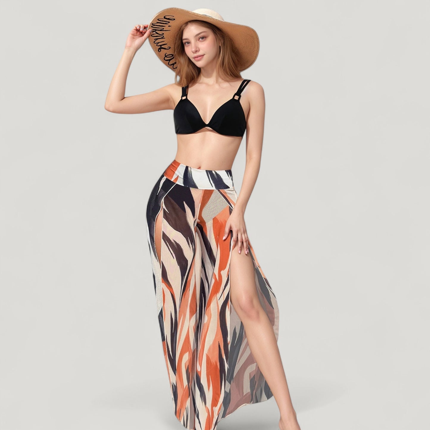 Anna-Kaci Swim Women's Three-Piece Swimsuit Set with Bikini Top High Waist Bottom and Sheer Abstract Print Wide Leg Pants