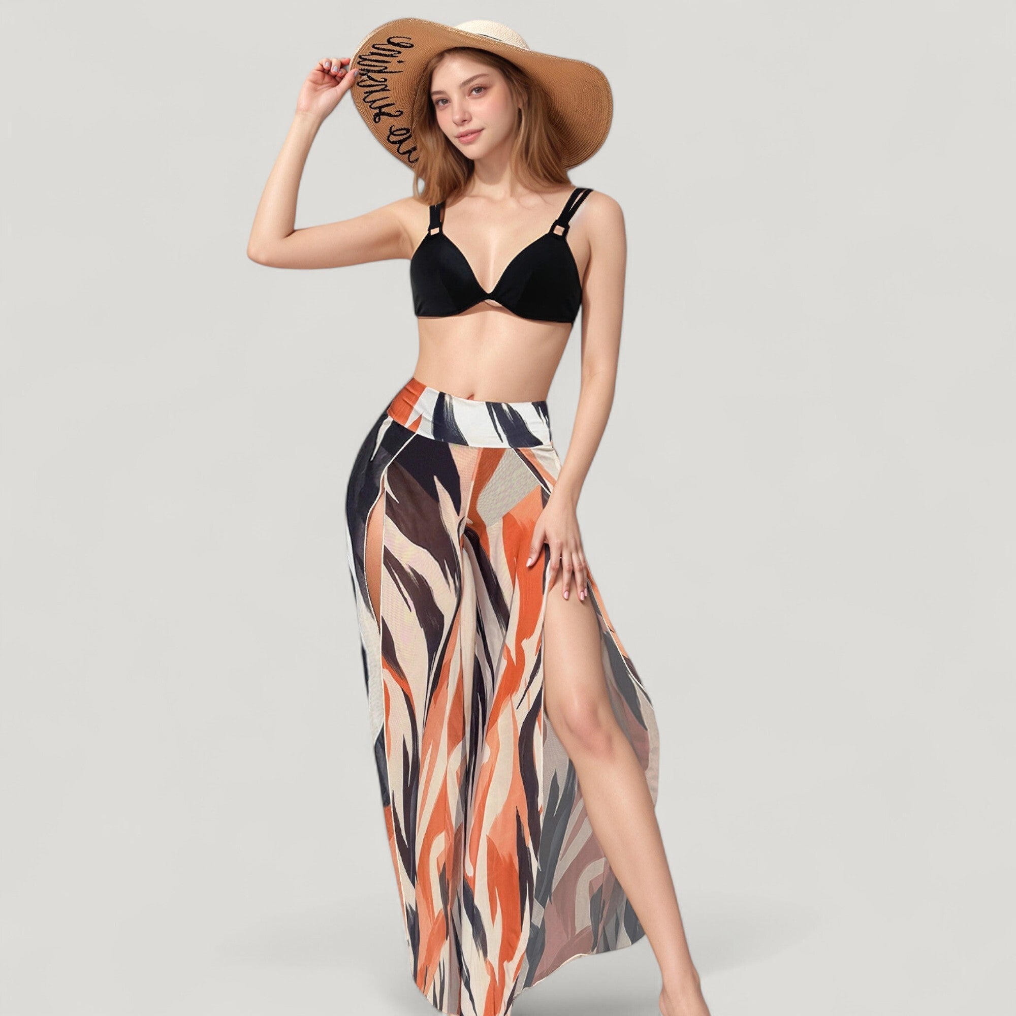 Anna-Kaci Swim Women's Three-Piece Swimsuit Set with Bikini Top High Waist Bottom and Sheer Abstract Print Wide Leg Pants