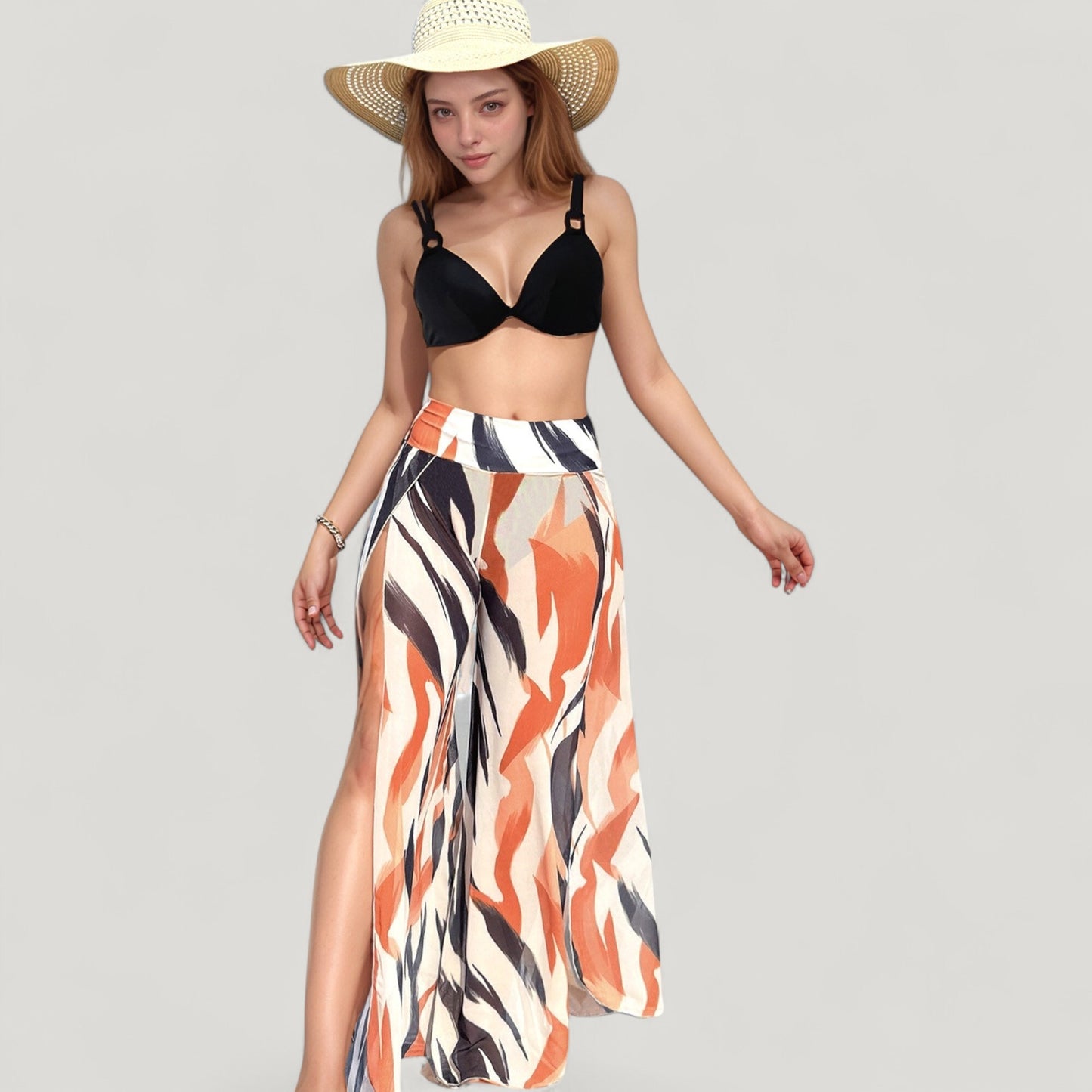 Anna-Kaci Swim Women's Three-Piece Swimsuit Set with Bikini Top High Waist Bottom and Sheer Abstract Print Wide Leg Pants