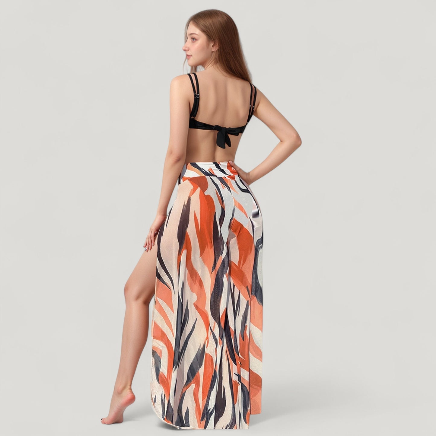 Anna-Kaci Swim Women's Three-Piece Swimsuit Set with Bikini Top High Waist Bottom and Sheer Abstract Print Wide Leg Pants