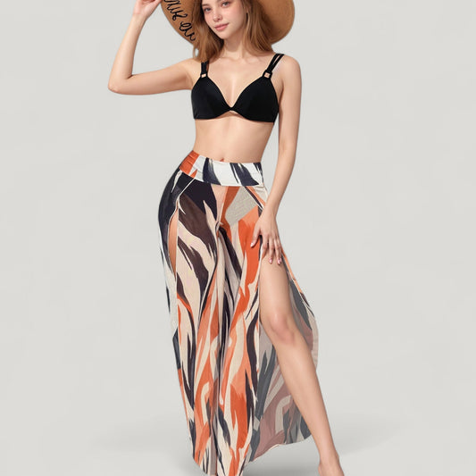 Anna-Kaci Swim Women's Three-Piece Swimsuit Set with Bikini Top High Waist Bottom and Sheer Abstract Print Wide Leg Pants