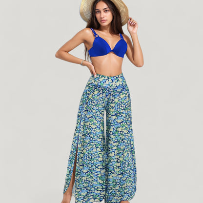 Anna-Kaci Swim Women's Three-Piece Swimsuit Set with Bikini Top High Waist Bottom and Sheer Abstract Print Wide Leg Pants