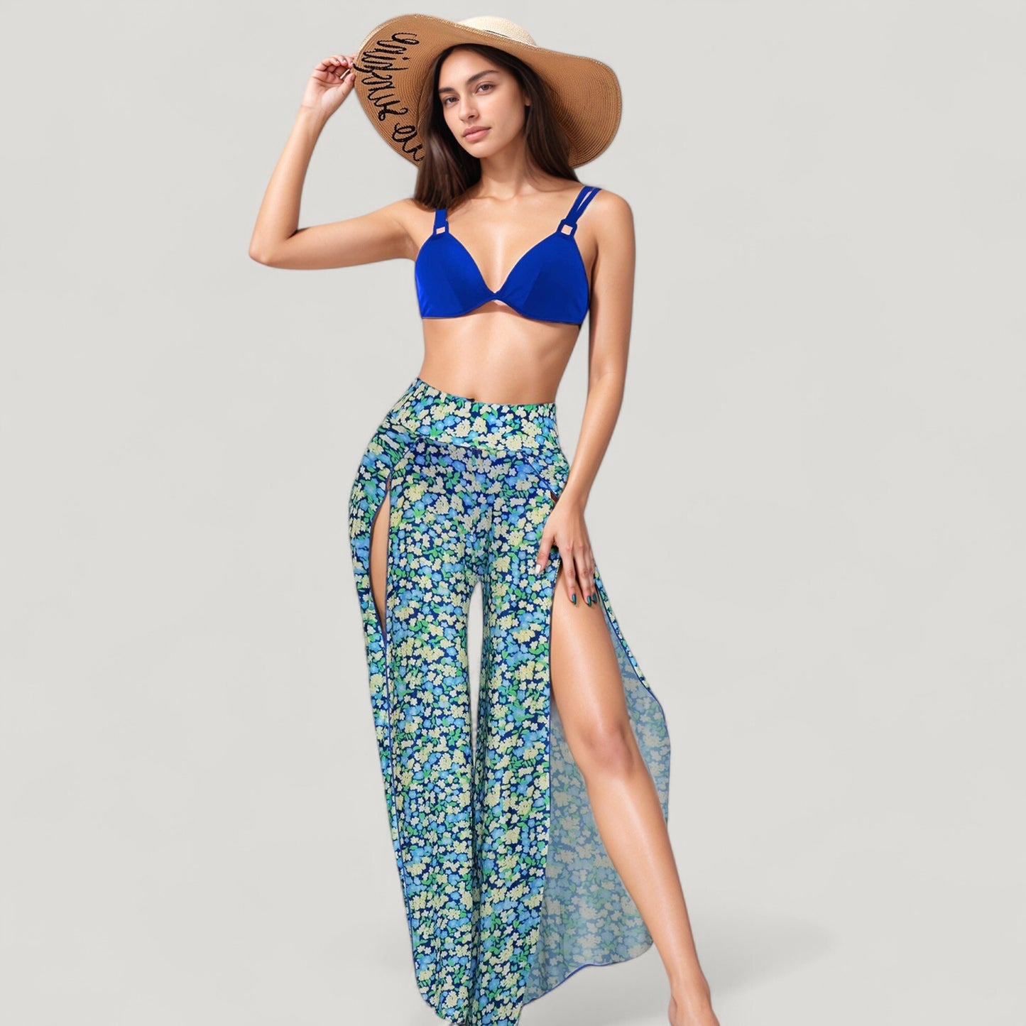 Anna-Kaci Swim Women's Three-Piece Swimsuit Set with Bikini Top High Waist Bottom and Sheer Abstract Print Wide Leg Pants
