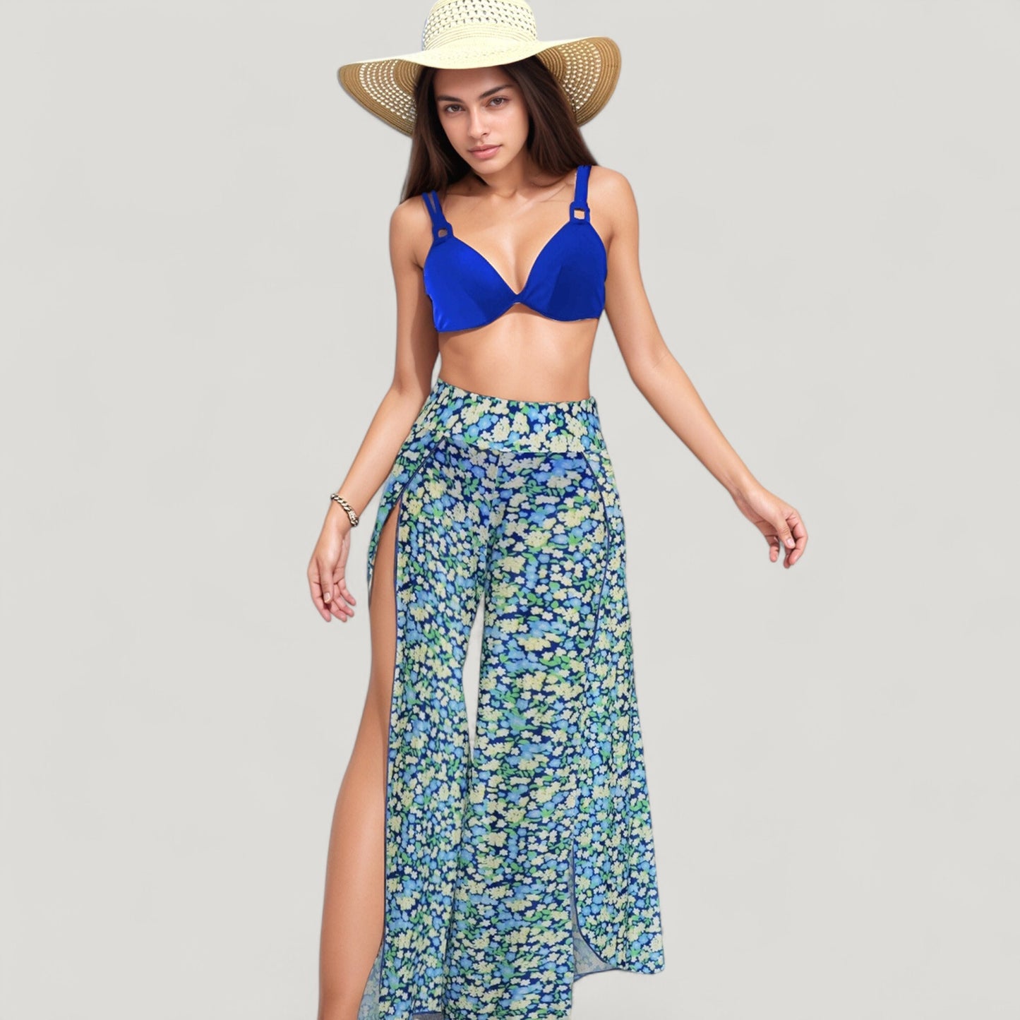 Anna-Kaci Swim Women's Three-Piece Swimsuit Set with Bikini Top High Waist Bottom and Sheer Abstract Print Wide Leg Pants