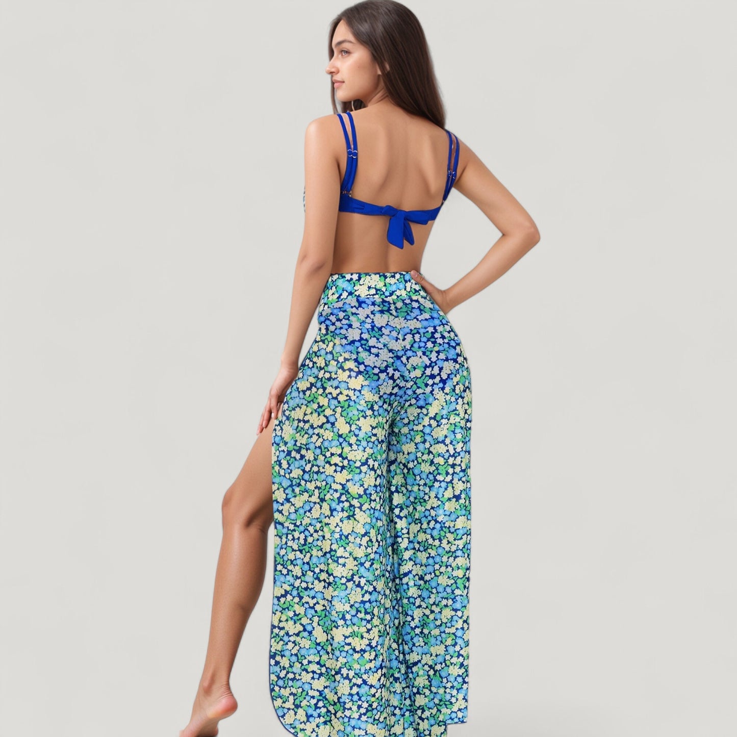 Anna-Kaci Swim Women's Three-Piece Swimsuit Set with Bikini Top High Waist Bottom and Sheer Abstract Print Wide Leg Pants