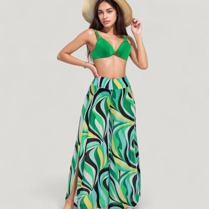 Anna-Kaci Swim Women's Three-Piece Swimsuit Set with Bikini Top High Waist Bottom and Sheer Abstract Print Wide Leg Pants